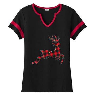 Red & Black Christmas Buffalo Plaid Deer Xmas Holiday Ladies Halftime Notch Neck Tee