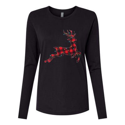 Red & Black Christmas Buffalo Plaid Deer Xmas Holiday Womens Cotton Relaxed Long Sleeve T-Shirt