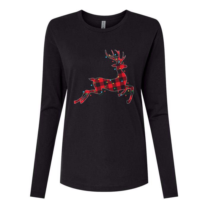 Red & Black Christmas Buffalo Plaid Deer Xmas Holiday Womens Cotton Relaxed Long Sleeve T-Shirt