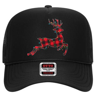 Red & Black Christmas Buffalo Plaid Deer Xmas Holiday High Crown Mesh Back Trucker Hat