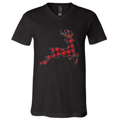 Red & Black Christmas Buffalo Plaid Deer Xmas Holiday V-Neck T-Shirt