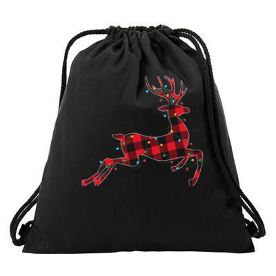 Red & Black Christmas Buffalo Plaid Deer Xmas Holiday Drawstring Bag