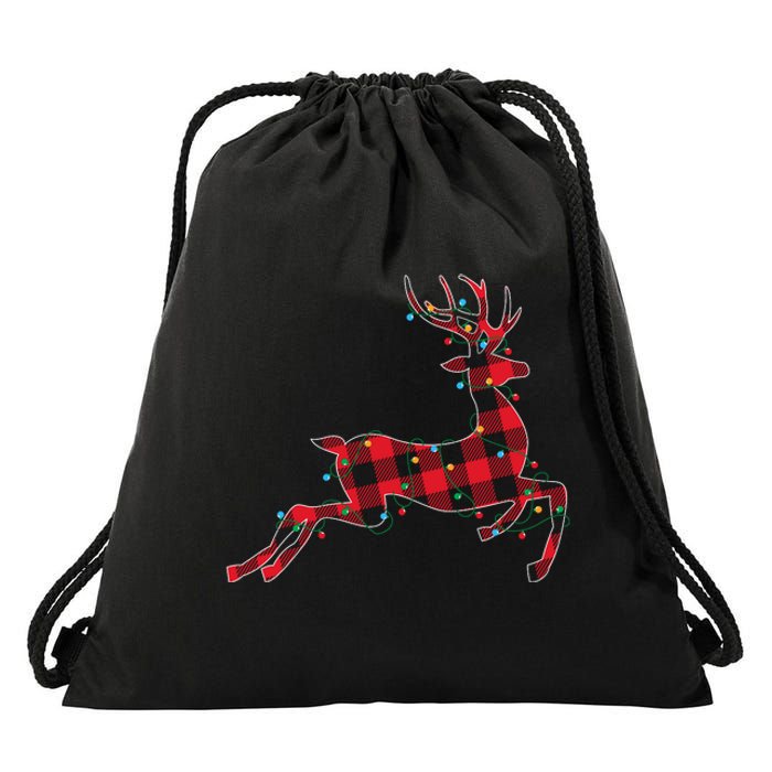 Red & Black Christmas Buffalo Plaid Deer Xmas Holiday Drawstring Bag