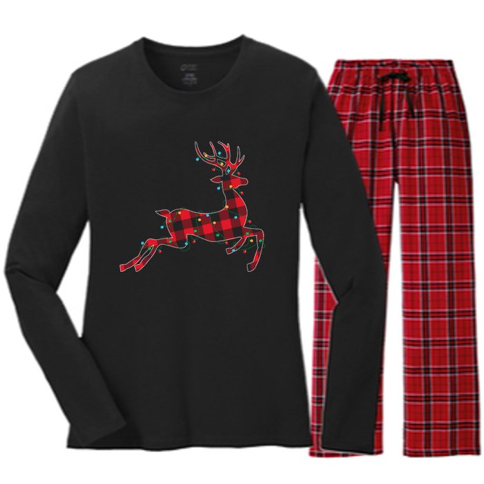 Red & Black Christmas Buffalo Plaid Deer Xmas Holiday Women's Long Sleeve Flannel Pajama Set 