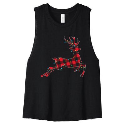 Red & Black Christmas Buffalo Plaid Deer Xmas Holiday Women's Racerback Cropped Tank