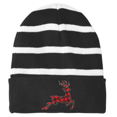 Red & Black Christmas Buffalo Plaid Deer Xmas Holiday Striped Beanie with Solid Band