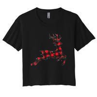 Red & Black Christmas Buffalo Plaid Deer Xmas Holiday Women's Crop Top Tee