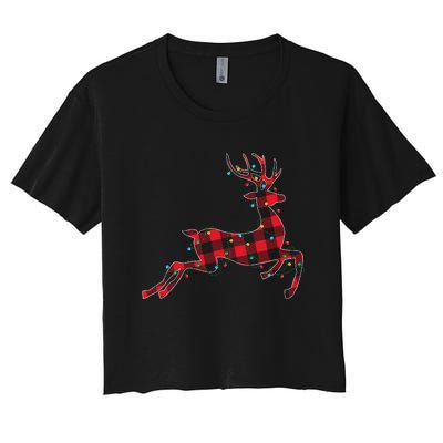 Red & Black Christmas Buffalo Plaid Deer Xmas Holiday Women's Crop Top Tee