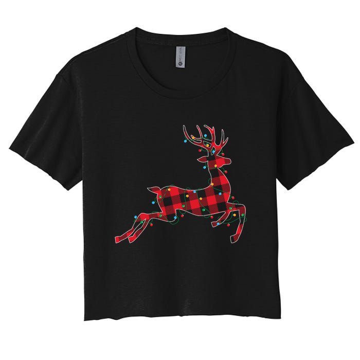 Red & Black Christmas Buffalo Plaid Deer Xmas Holiday Women's Crop Top Tee