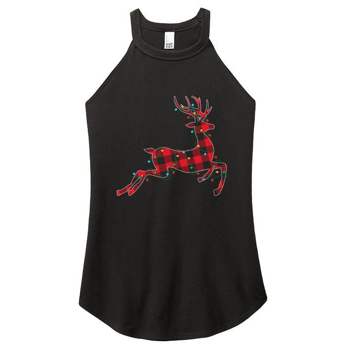 Red & Black Christmas Buffalo Plaid Deer Xmas Holiday Women's Perfect Tri Rocker Tank