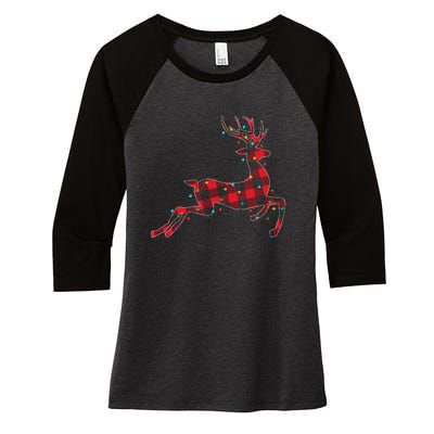 Red & Black Christmas Buffalo Plaid Deer Xmas Holiday Women's Tri-Blend 3/4-Sleeve Raglan Shirt