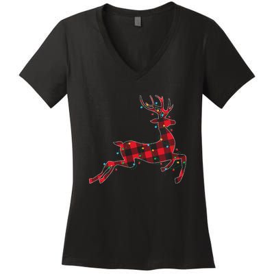 Red & Black Christmas Buffalo Plaid Deer Xmas Holiday Women's V-Neck T-Shirt