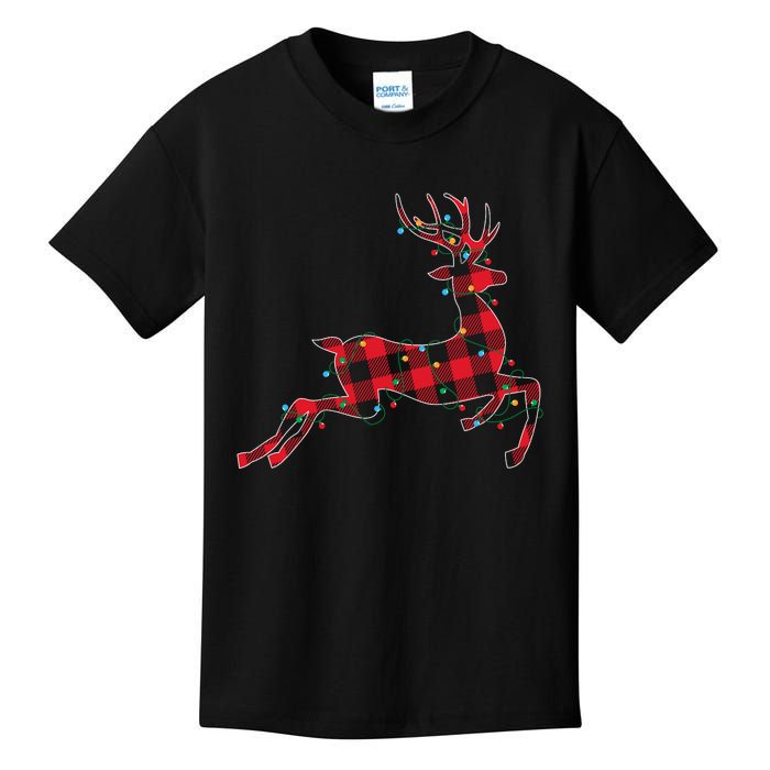 Red & Black Christmas Buffalo Plaid Deer Xmas Holiday Kids T-Shirt