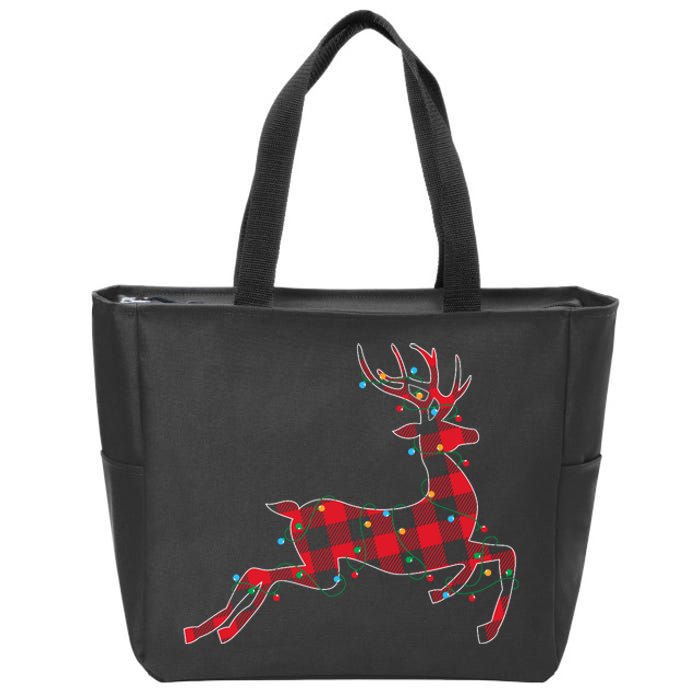 Red & Black Christmas Buffalo Plaid Deer Xmas Holiday Zip Tote Bag