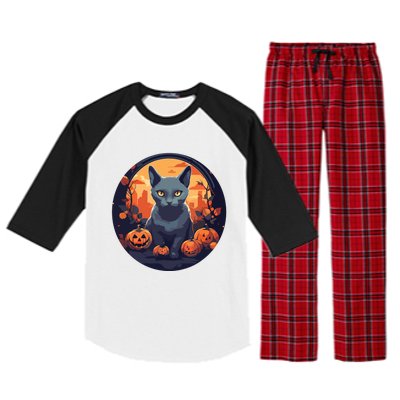 Russian Blue Cat Halloween Pumpkin Love Cats Raglan Sleeve Pajama Set