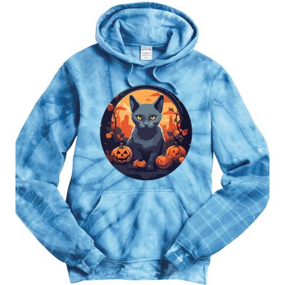 Russian Blue Cat Halloween Pumpkin Love Cats Tie Dye Hoodie