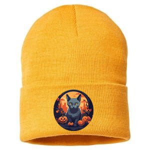 Russian Blue Cat Halloween Pumpkin Love Cats Sustainable Knit Beanie