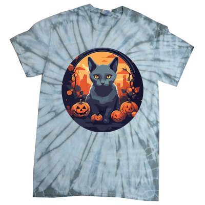 Russian Blue Cat Halloween Pumpkin Love Cats Tie-Dye T-Shirt