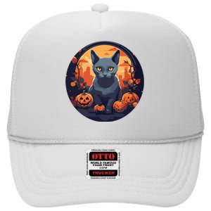 Russian Blue Cat Halloween Pumpkin Love Cats High Crown Mesh Back Trucker Hat