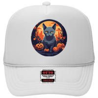 Russian Blue Cat Halloween Pumpkin Love Cats High Crown Mesh Back Trucker Hat