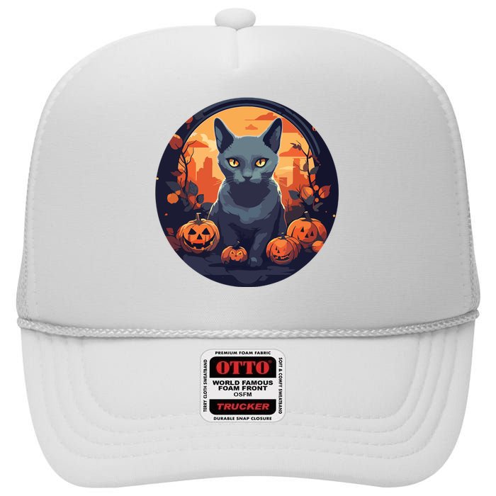 Russian Blue Cat Halloween Pumpkin Love Cats High Crown Mesh Back Trucker Hat