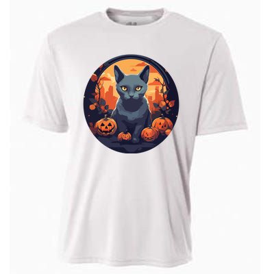 Russian Blue Cat Halloween Pumpkin Love Cats Cooling Performance Crew T-Shirt