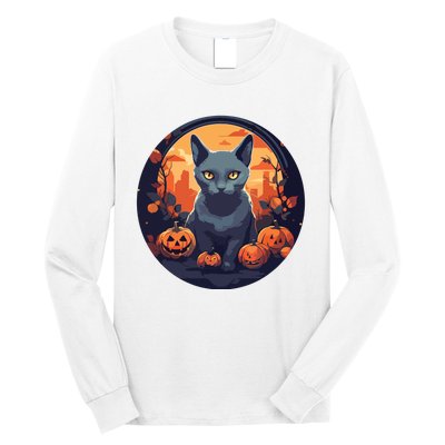 Russian Blue Cat Halloween Pumpkin Love Cats Long Sleeve Shirt