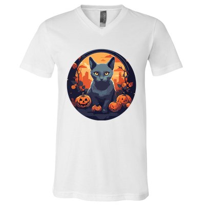 Russian Blue Cat Halloween Pumpkin Love Cats V-Neck T-Shirt