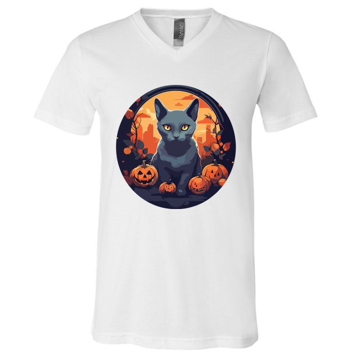 Russian Blue Cat Halloween Pumpkin Love Cats V-Neck T-Shirt