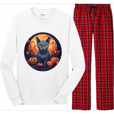 Russian Blue Cat Halloween Pumpkin Love Cats Long Sleeve Pajama Set