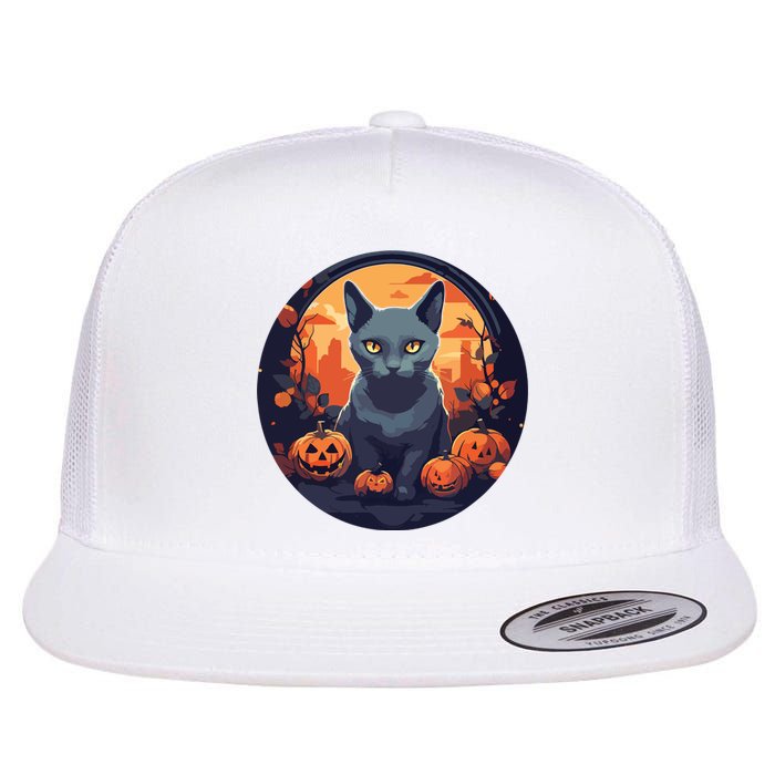 Russian Blue Cat Halloween Pumpkin Love Cats Flat Bill Trucker Hat