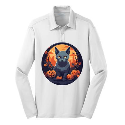 Russian Blue Cat Halloween Pumpkin Love Cats Silk Touch Performance Long Sleeve Polo