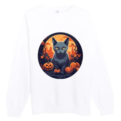 Russian Blue Cat Halloween Pumpkin Love Cats Premium Crewneck Sweatshirt