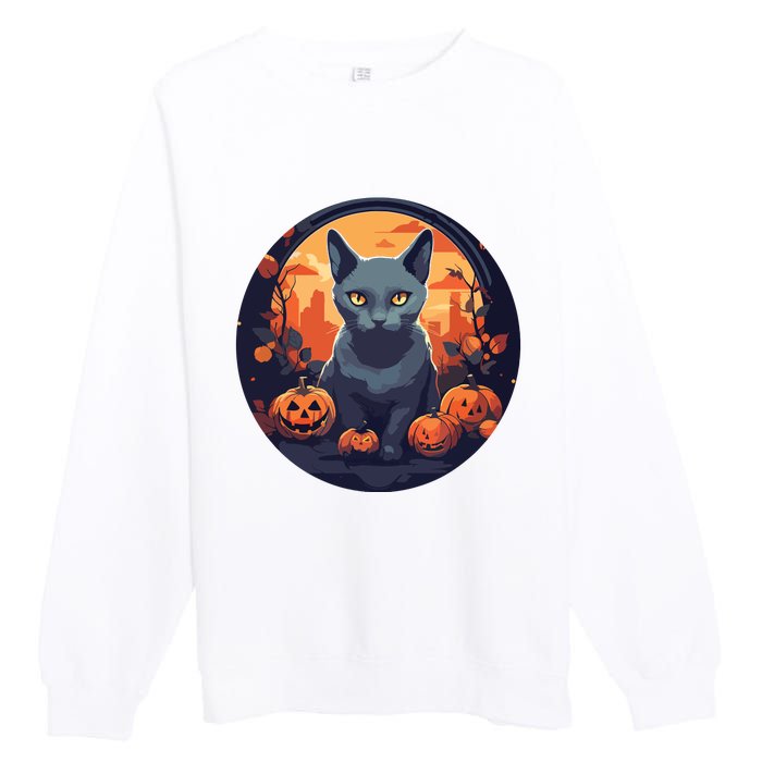 Russian Blue Cat Halloween Pumpkin Love Cats Premium Crewneck Sweatshirt