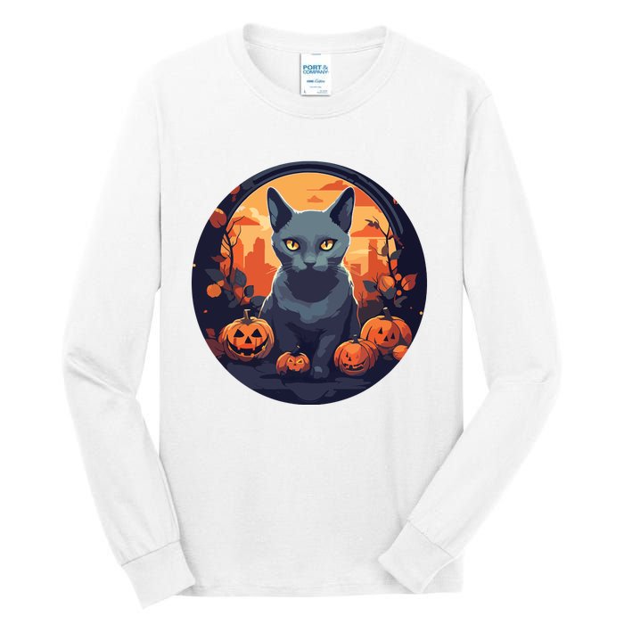 Russian Blue Cat Halloween Pumpkin Love Cats Tall Long Sleeve T-Shirt