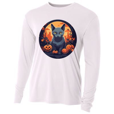 Russian Blue Cat Halloween Pumpkin Love Cats Cooling Performance Long Sleeve Crew