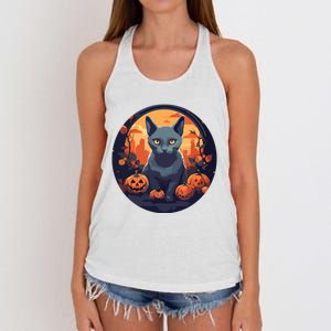 Russian Blue Cat Halloween Pumpkin Love Cats Women's Knotted Racerback Tank