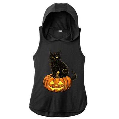 Retro Black Cat Halloween Pumpkin Costume Ladies PosiCharge Tri-Blend Wicking Draft Hoodie Tank