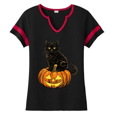 Retro Black Cat Halloween Pumpkin Costume Ladies Halftime Notch Neck Tee