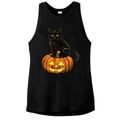 Retro Black Cat Halloween Pumpkin Costume Ladies PosiCharge Tri-Blend Wicking Tank