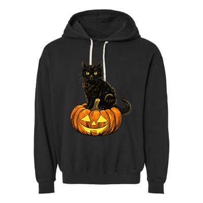 Retro Black Cat Halloween Pumpkin Costume Garment-Dyed Fleece Hoodie