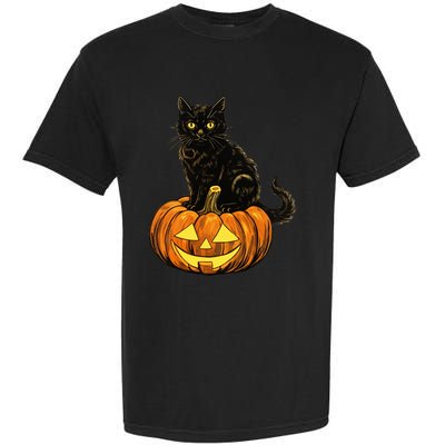 Retro Black Cat Halloween Pumpkin Costume Garment-Dyed Heavyweight T-Shirt