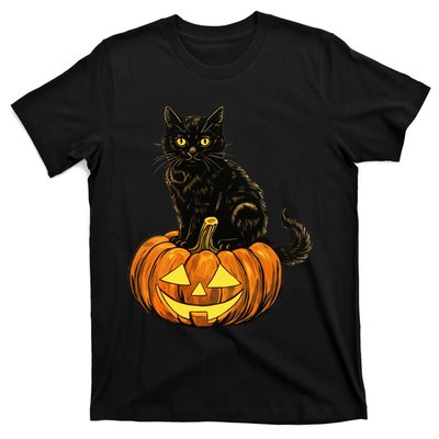 Retro Black Cat Halloween Pumpkin Costume T-Shirt