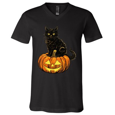 Retro Black Cat Halloween Pumpkin Costume V-Neck T-Shirt