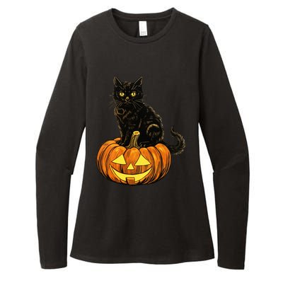 Retro Black Cat Halloween Pumpkin Costume Womens CVC Long Sleeve Shirt