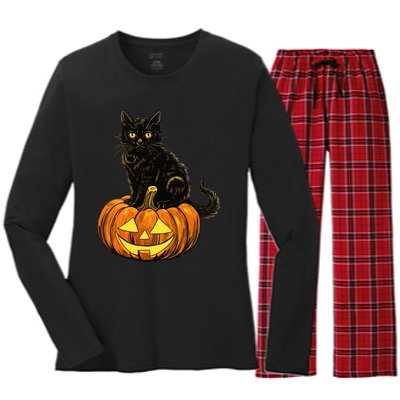 Retro Black Cat Halloween Pumpkin Costume Women's Long Sleeve Flannel Pajama Set 