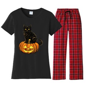 Retro Black Cat Halloween Pumpkin Costume Women's Flannel Pajama Set