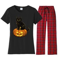 Retro Black Cat Halloween Pumpkin Costume Women's Flannel Pajama Set