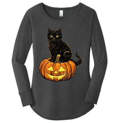 Retro Black Cat Halloween Pumpkin Costume Women's Perfect Tri Tunic Long Sleeve Shirt