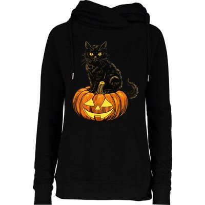 Retro Black Cat Halloween Pumpkin Costume Womens Funnel Neck Pullover Hood